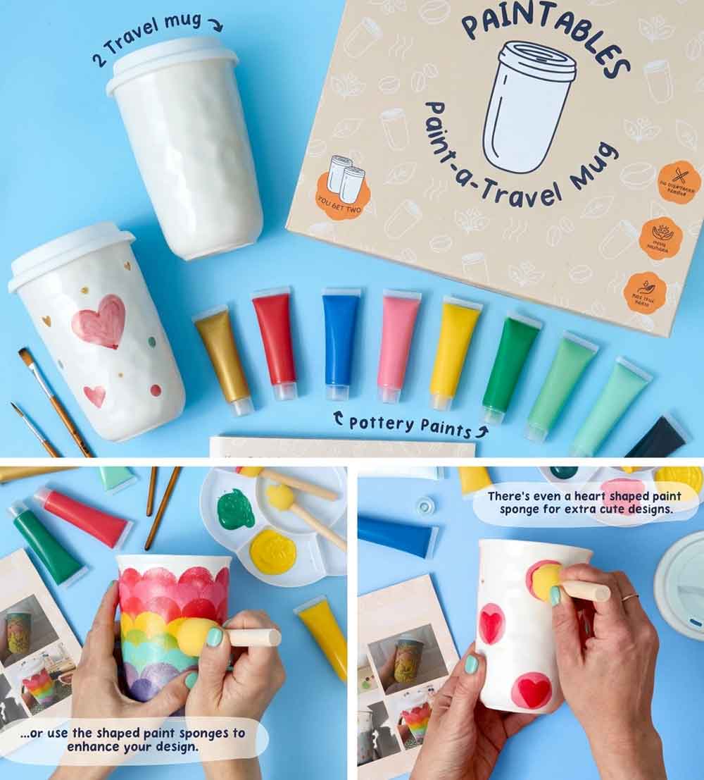 Kunvos™ DIY Ceramic Mug Painting Kit | 2 Travel Tumblers, Non-Toxic Paints & Tools | No Kiln Needed
