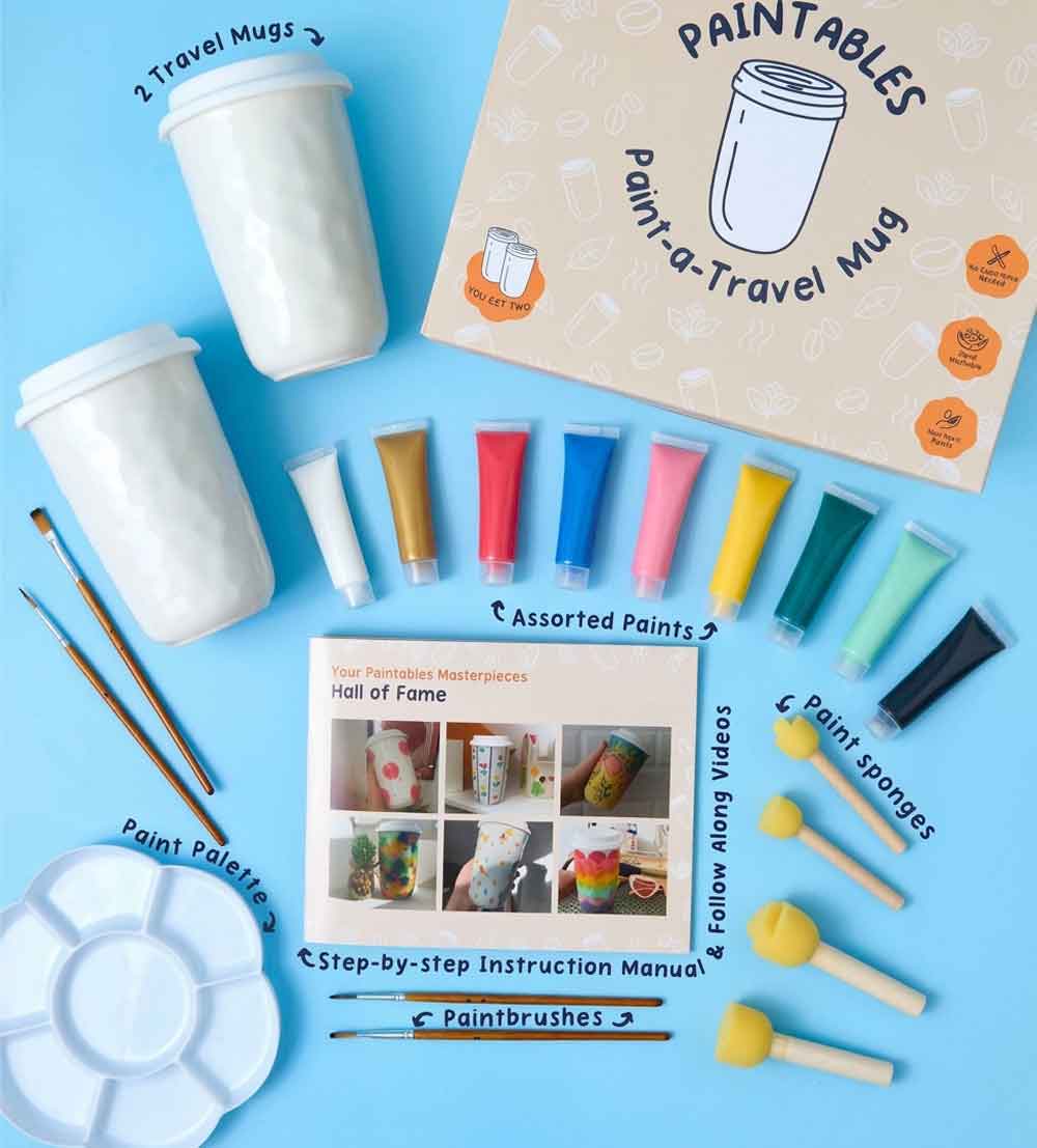 Kunvos™ DIY Ceramic Mug Painting Kit | 2 Travel Tumblers, Non-Toxic Paints & Tools | No Kiln Needed