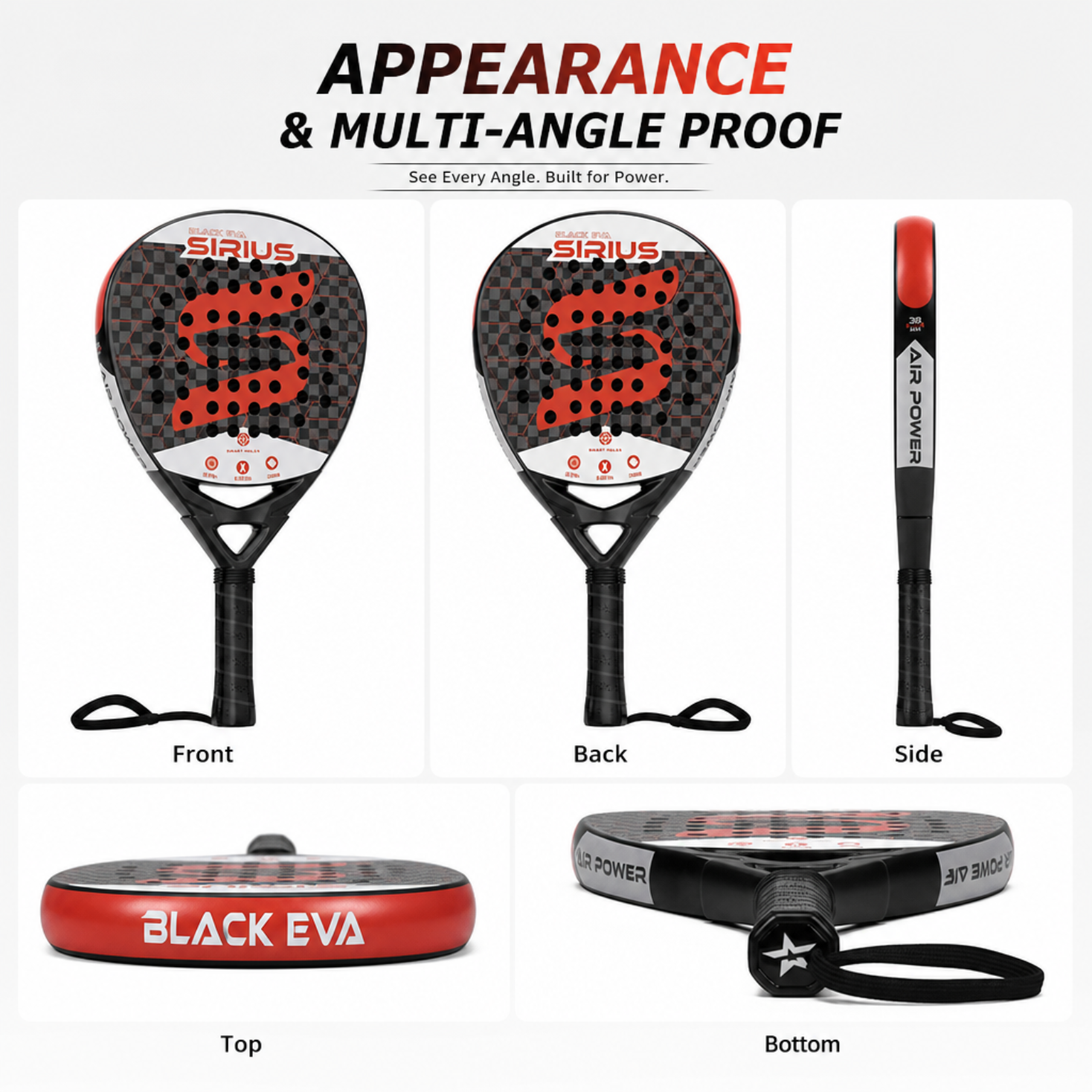 Attack 38mm 12K Carbon Fiber Padel Racket - Black Red – product gallery