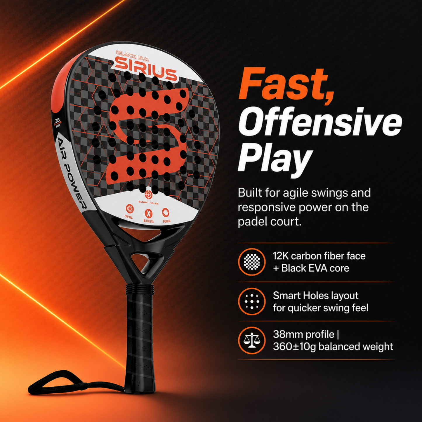 Attack 38mm 12K Carbon Fiber Padel Racket - Black Red – product gallery