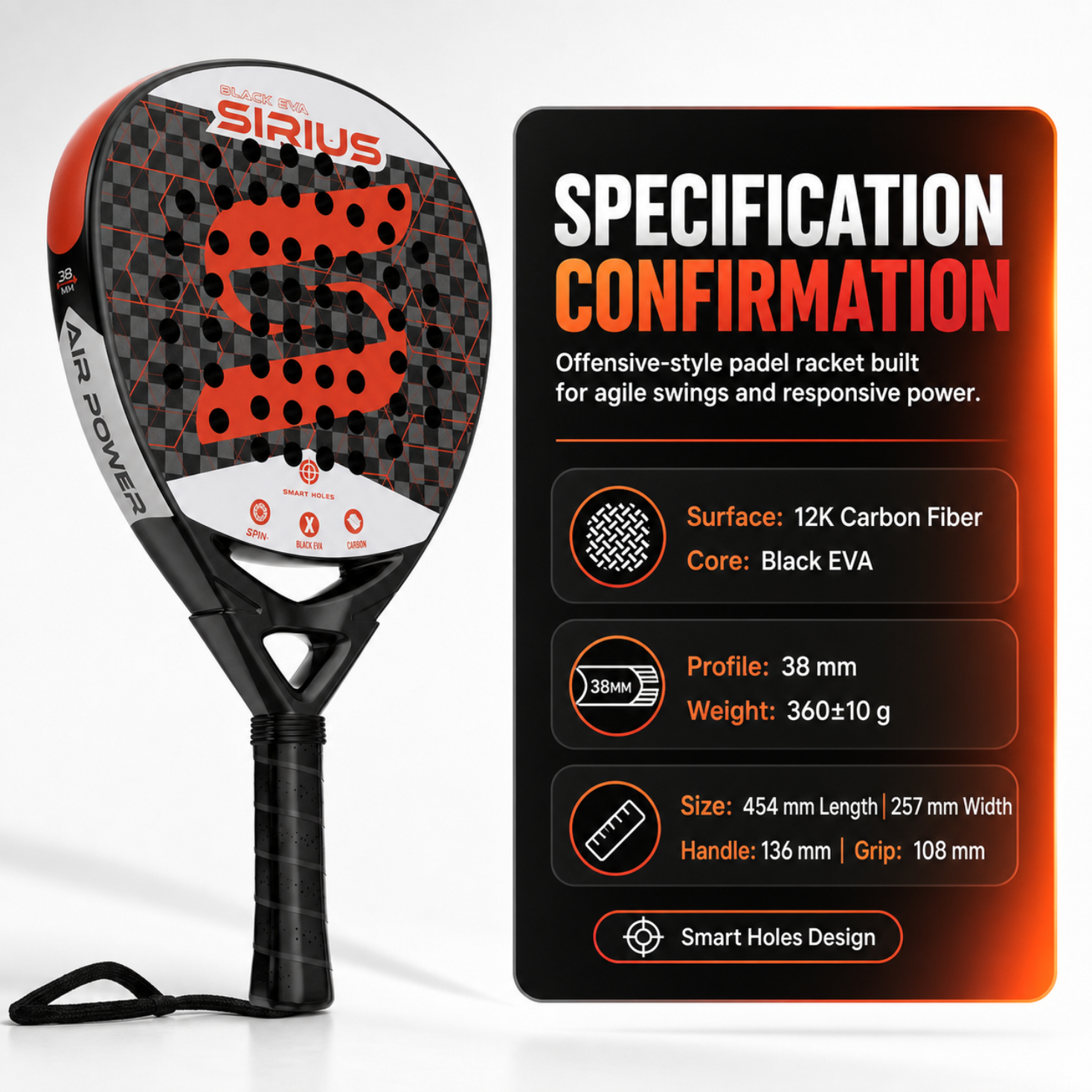 Attack 38mm 12K Carbon Fiber Padel Racket - Black Red – product specifications