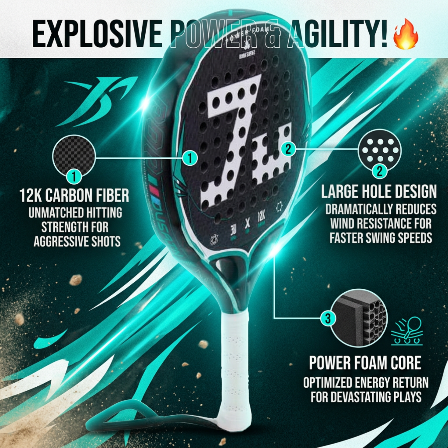 Attack 38mm 12K Carbon Fiber Padel Racket - Black Teal – product gallery
