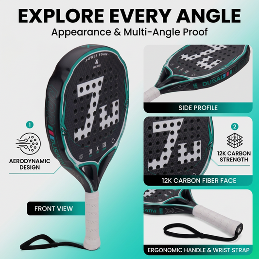 Attack 38mm 12K Carbon Fiber Padel Racket - Black Teal – multi-angle view