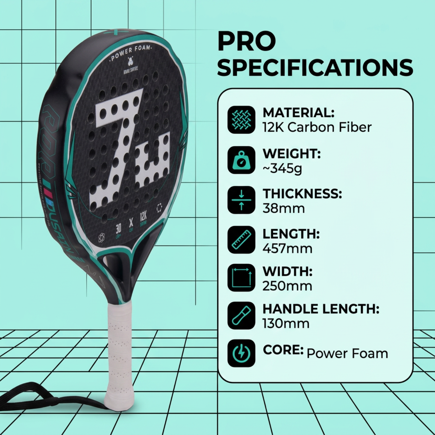 Attack 38mm 12K Carbon Fiber Padel Racket - Black Teal – product specifications