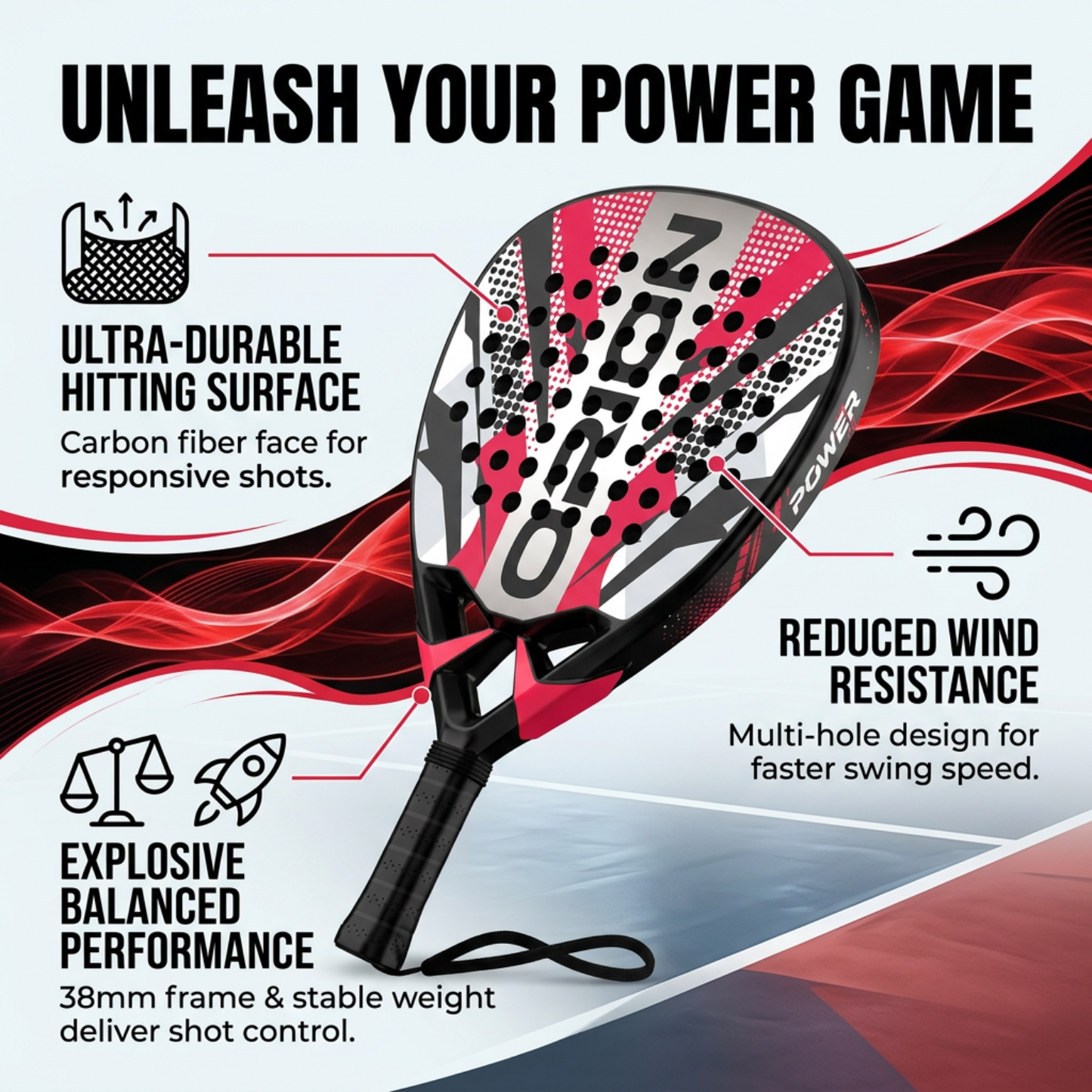 Attack 38mm Carbon Fiber Padel Racket - Red White – key benefits