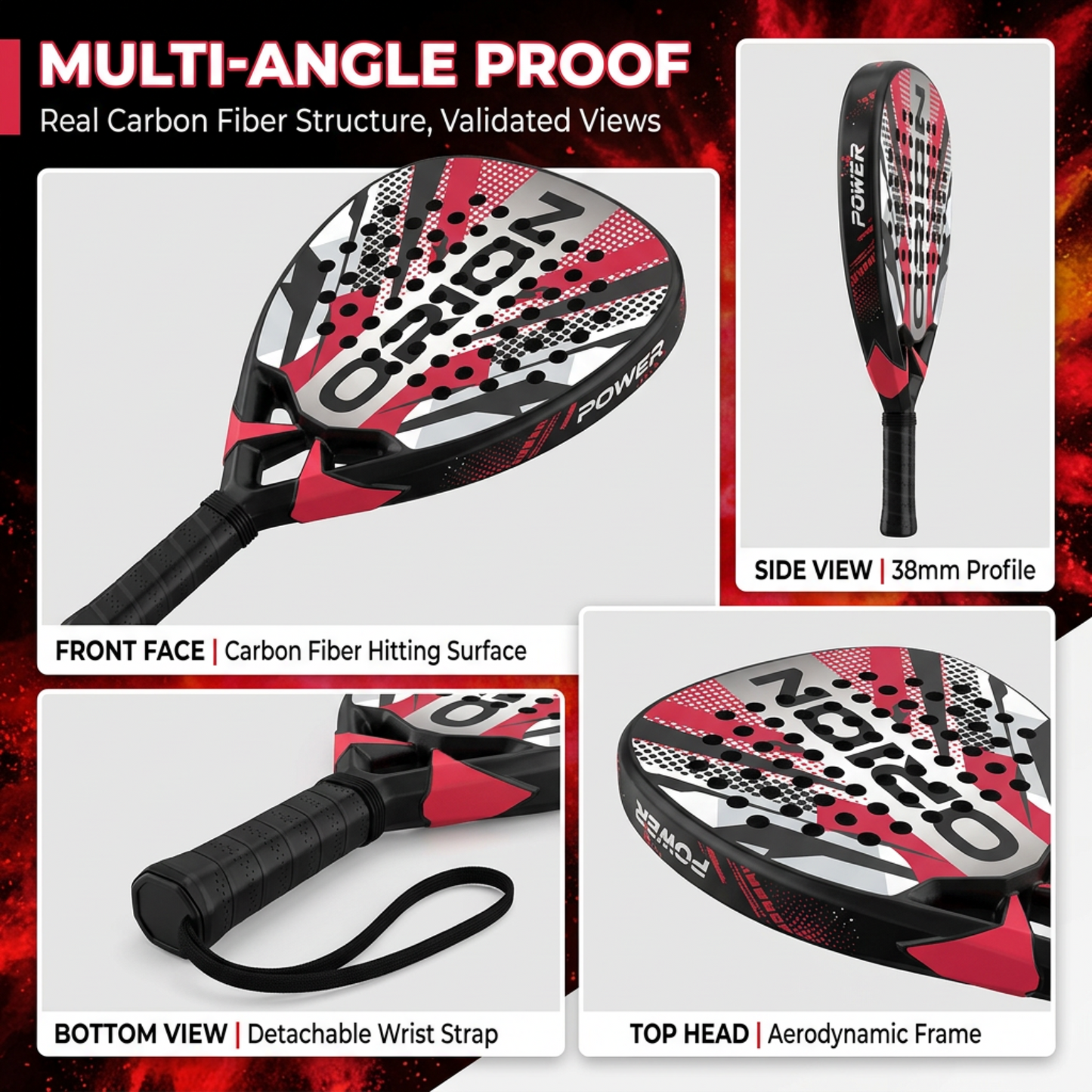 Attack 38mm Carbon Fiber Padel Racket - Red White – multi-angle view