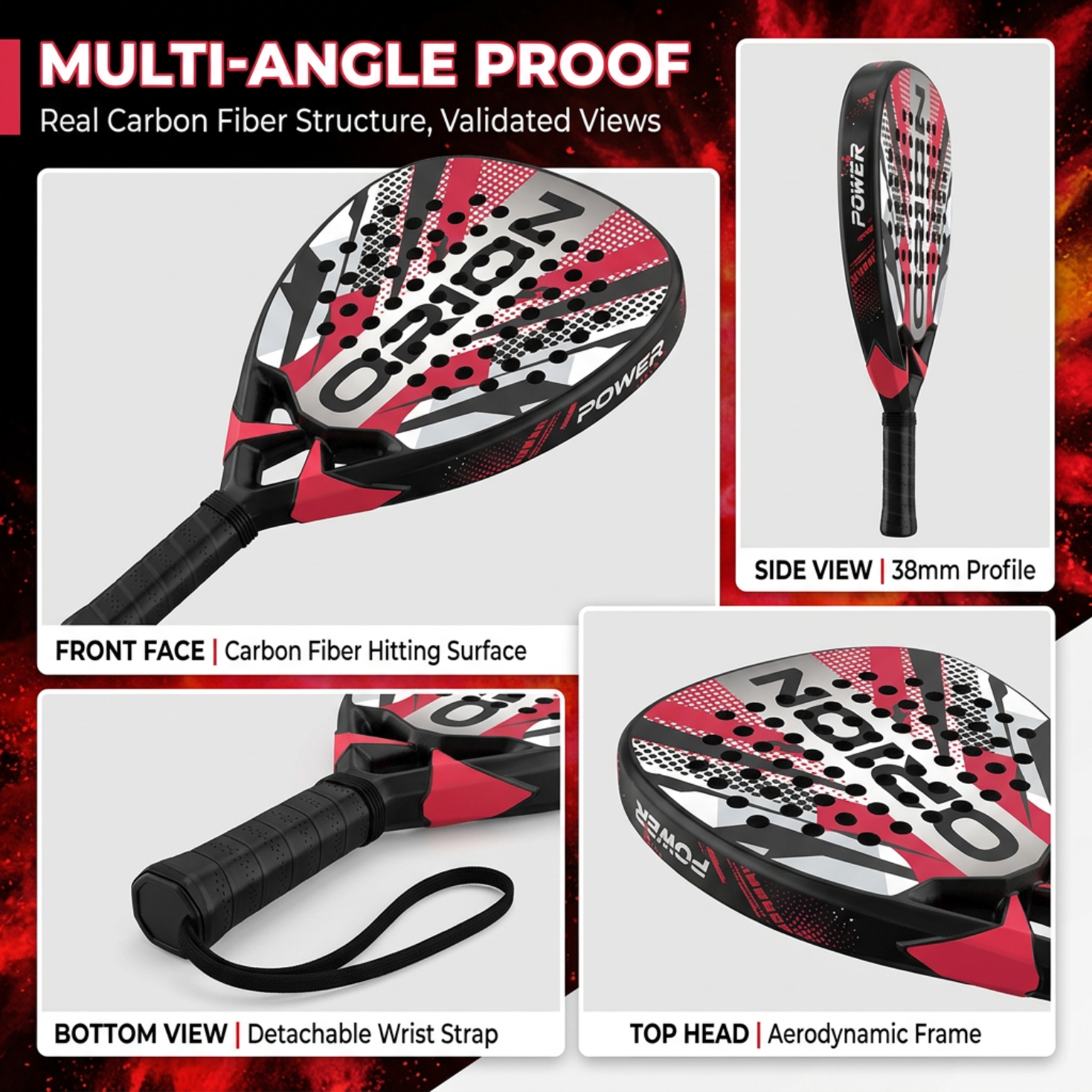 Attack 38mm Carbon Fiber Padel Racket - Red White – multi-angle view