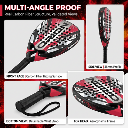 Attack 38mm Carbon Fiber Padel Racket - Red White – multi-angle view