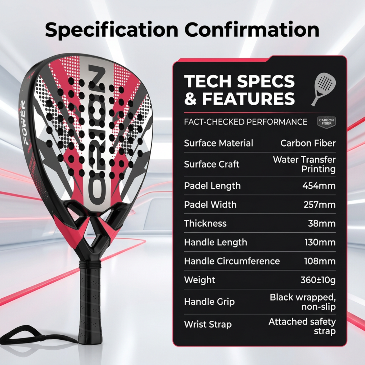 Attack 38mm Carbon Fiber Padel Racket - Red White – product specifications