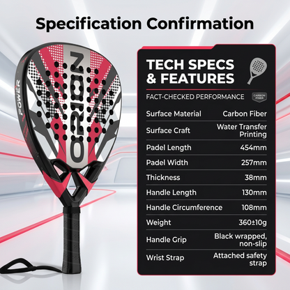 Attack 38mm Carbon Fiber Padel Racket - Red White – product specifications