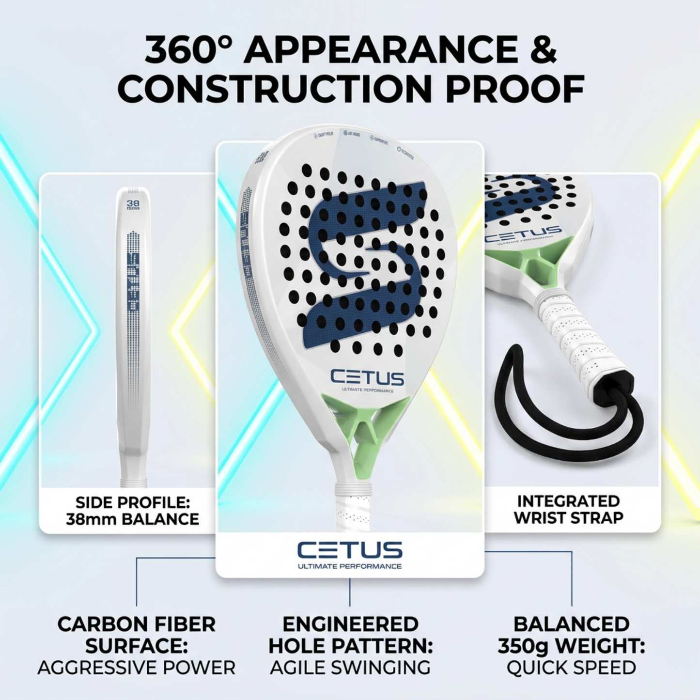 Attack 38mm Carbon Fiber Padel Racket - White Navy – multi-angle view