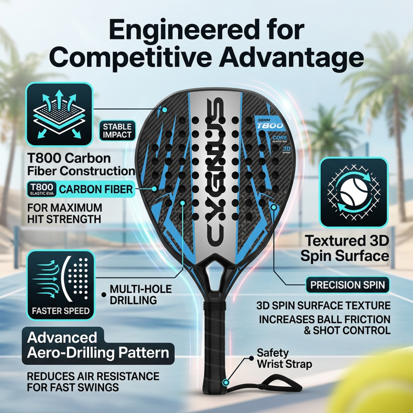 Attack 38mm T600 Carbon Fiber Padel Racket - Black Blue – key benefits