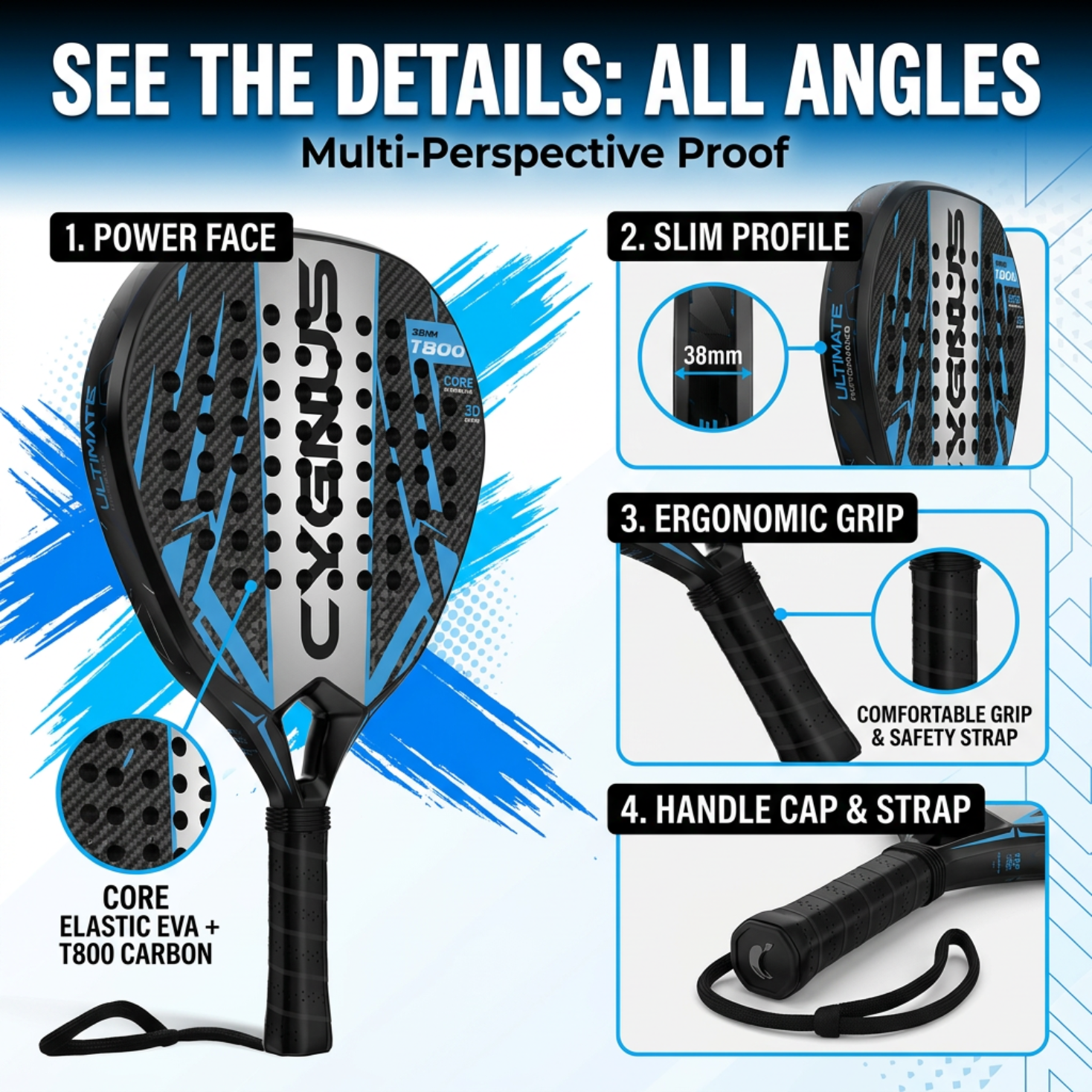 Attack 38mm T600 Carbon Fiber Padel Racket - Black Blue – carbon fiber design