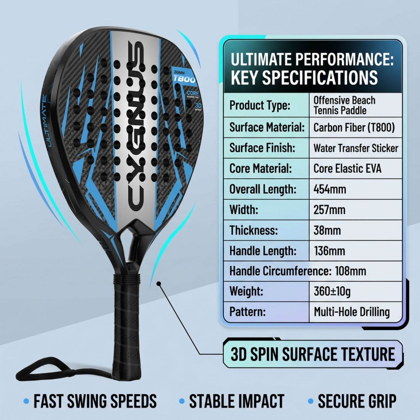 Attack 38mm T600 Carbon Fiber Padel Racket - Black Blue – product specifications