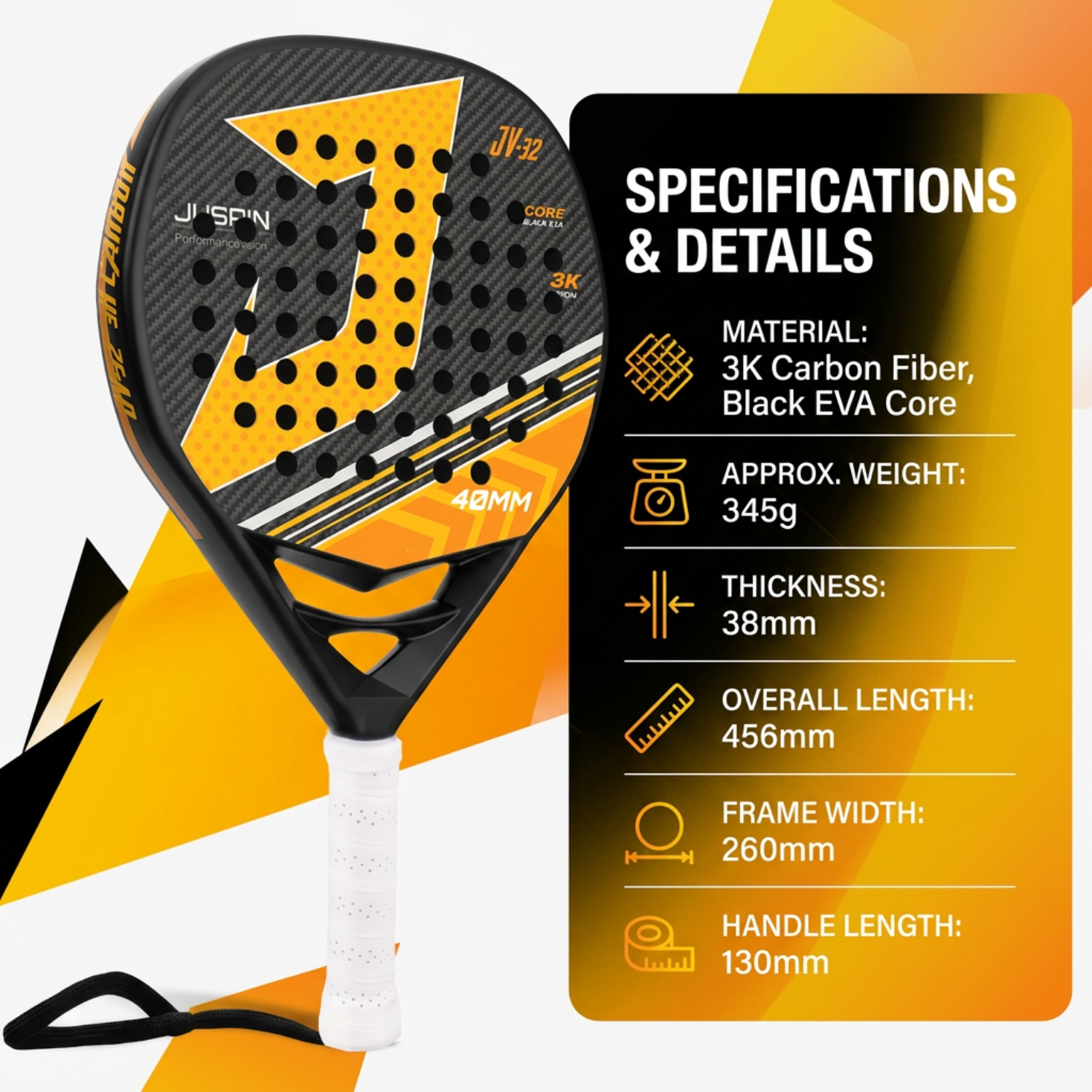 Attack 40mm 3K Carbon Fiber Padel Racket - Black Yellow – product specifications