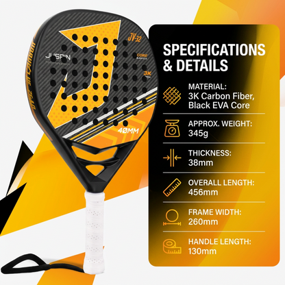 Attack 40mm 3K Carbon Fiber Padel Racket - Black Yellow – product specifications