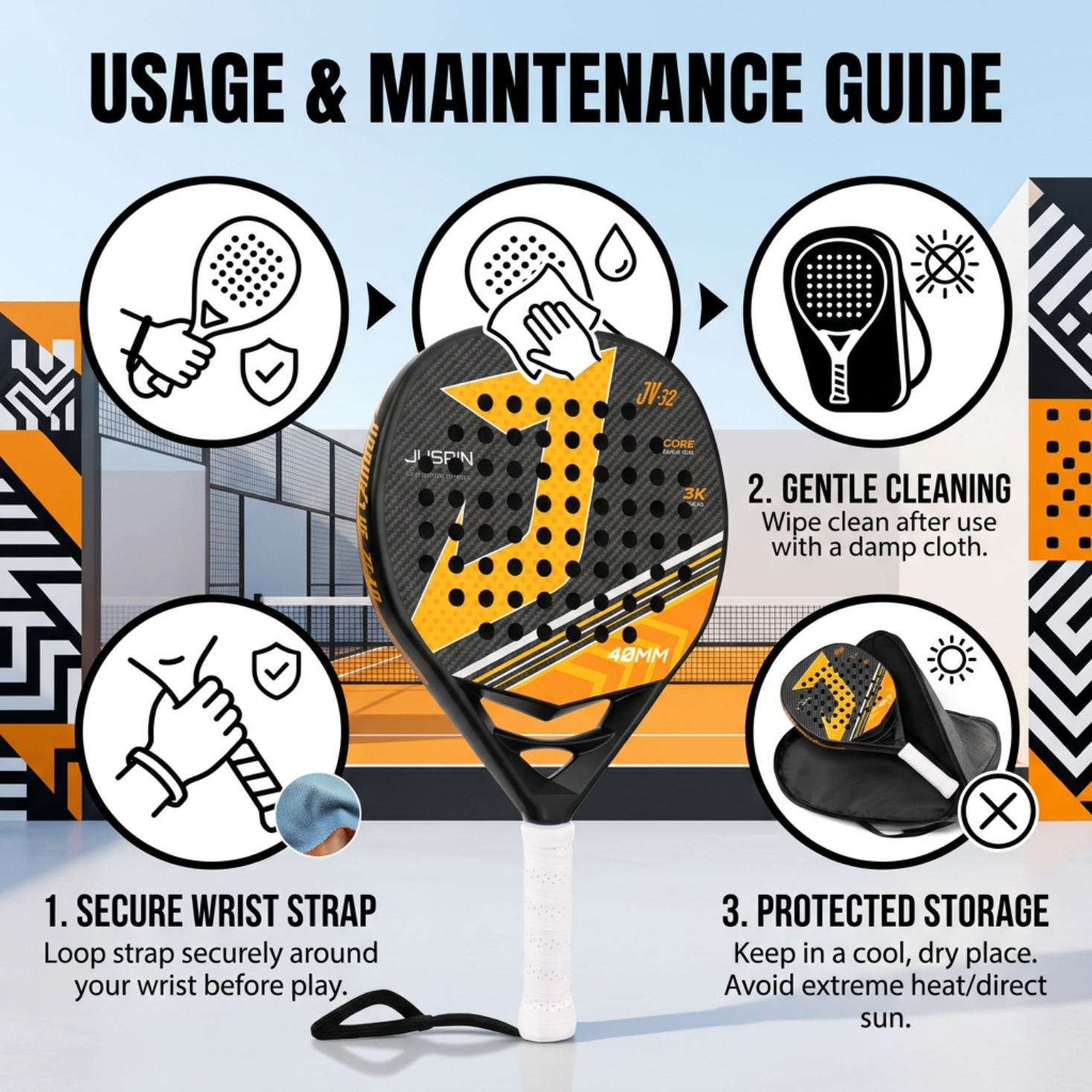 Attack 40mm 3K Carbon Fiber Padel Racket - Black Yellow – usage guide