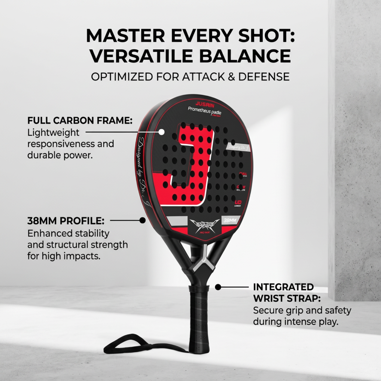 Balanced 38mm Carbon Fiber Padel Racket - Black Red – product gallery