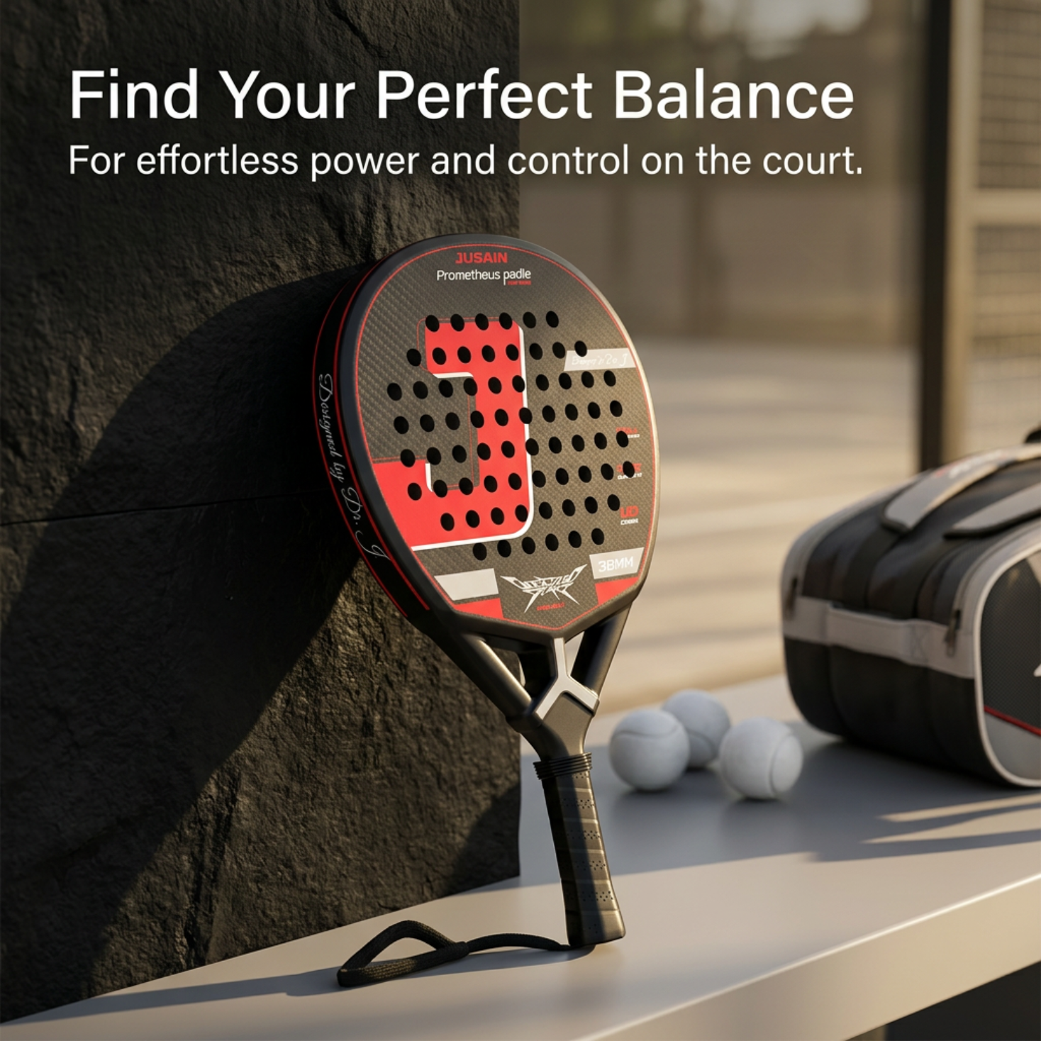 Balanced 38mm Carbon Fiber Padel Racket - Black Red – product gallery
