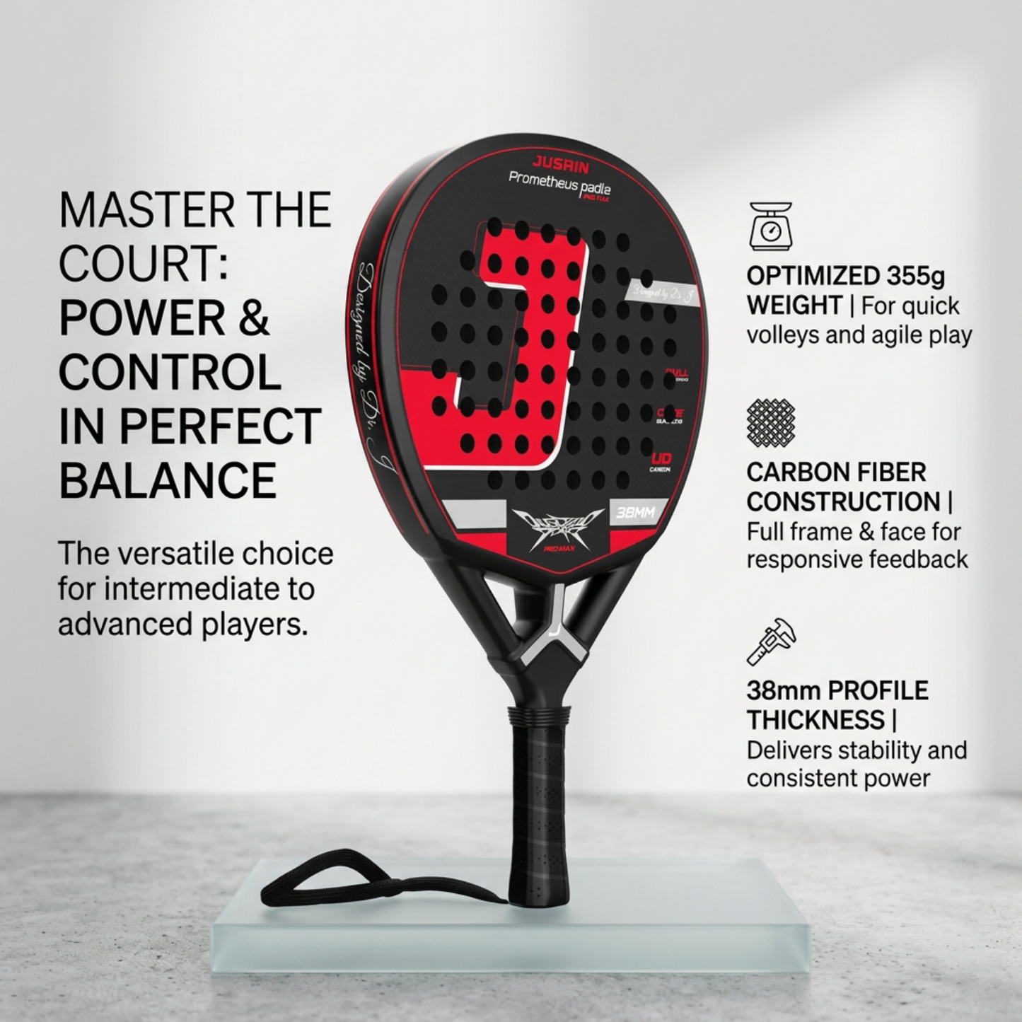 Balanced 38mm Carbon Fiber Padel Racket - Black Red – product gallery