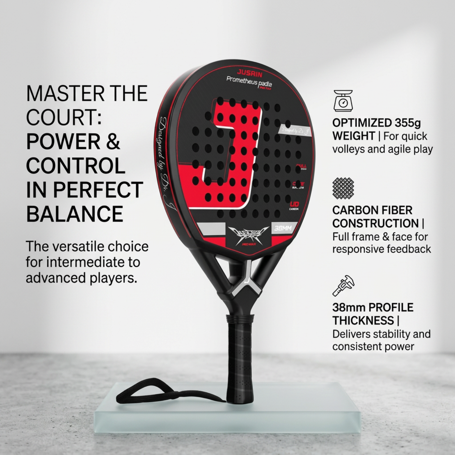 Balanced 38mm Carbon Fiber Padel Racket - Black Red – product gallery
