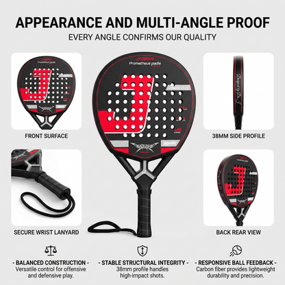 Balanced 38mm Carbon Fiber Padel Racket - Black Red – multi-angle view