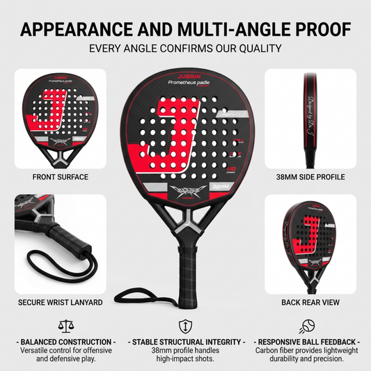 Balanced 38mm Carbon Fiber Padel Racket - Black Red – multi-angle view