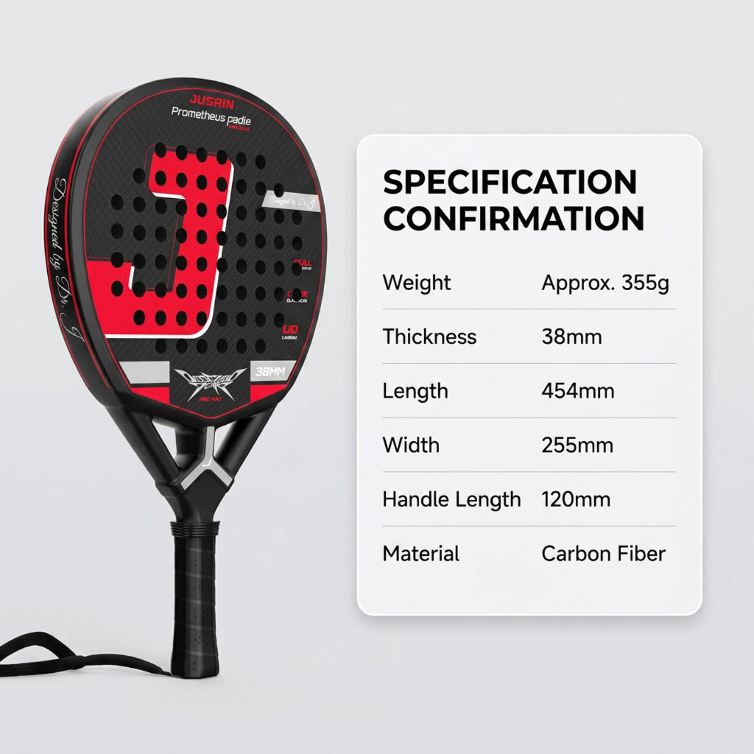 Balanced 38mm Carbon Fiber Padel Racket - Black Red – product specifications