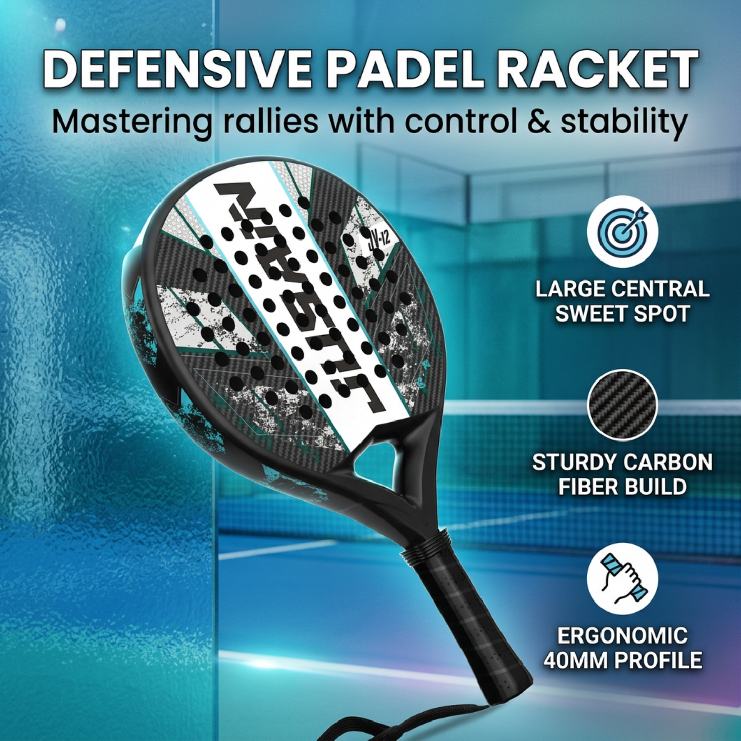 Defensive 40mm 3K Carbon Fiber Padel Racket - Black Teal – product gallery
