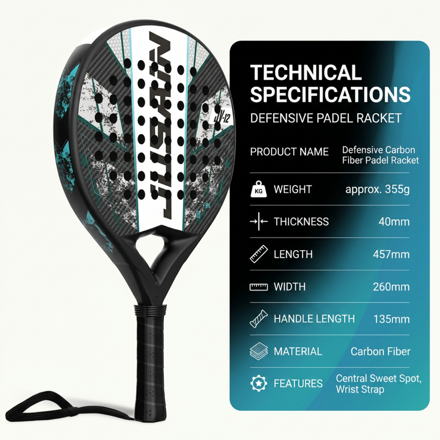 Defensive 40mm 3K Carbon Fiber Padel Racket - Black Teal – product specifications