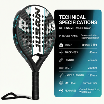 Defensive 40mm 3K Carbon Fiber Padel Racket - Black Teal – product specifications