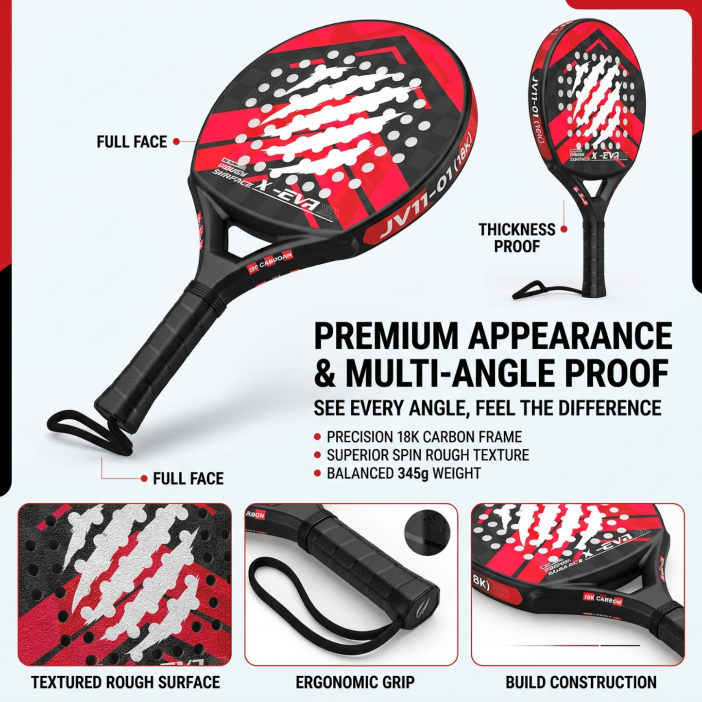 Textured 40mm 18K Carbon Fiber Padel Racket - Red Black – multi-angle view
