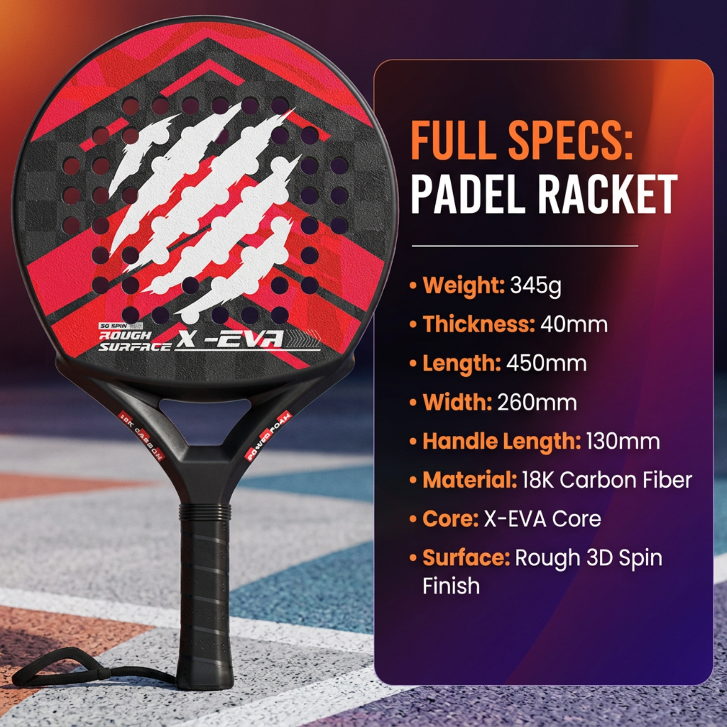 Textured 40mm 18K Carbon Fiber Padel Racket - Red Black – product specifications