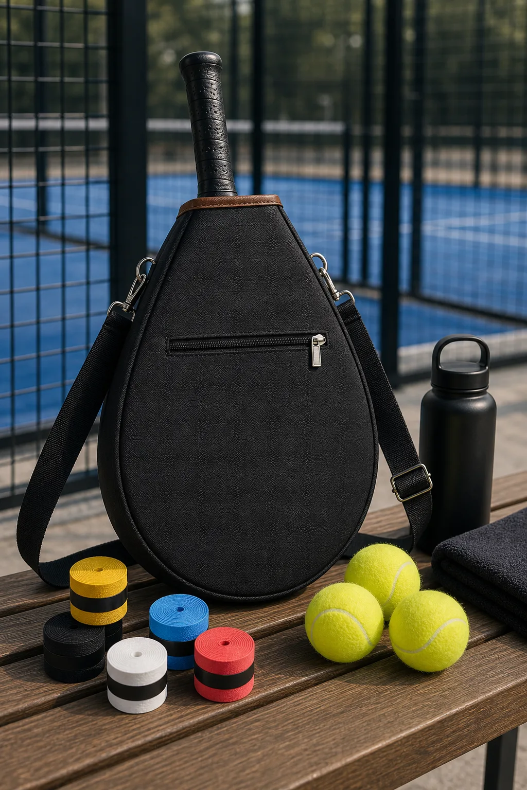 A padel bag keeps the setup organized